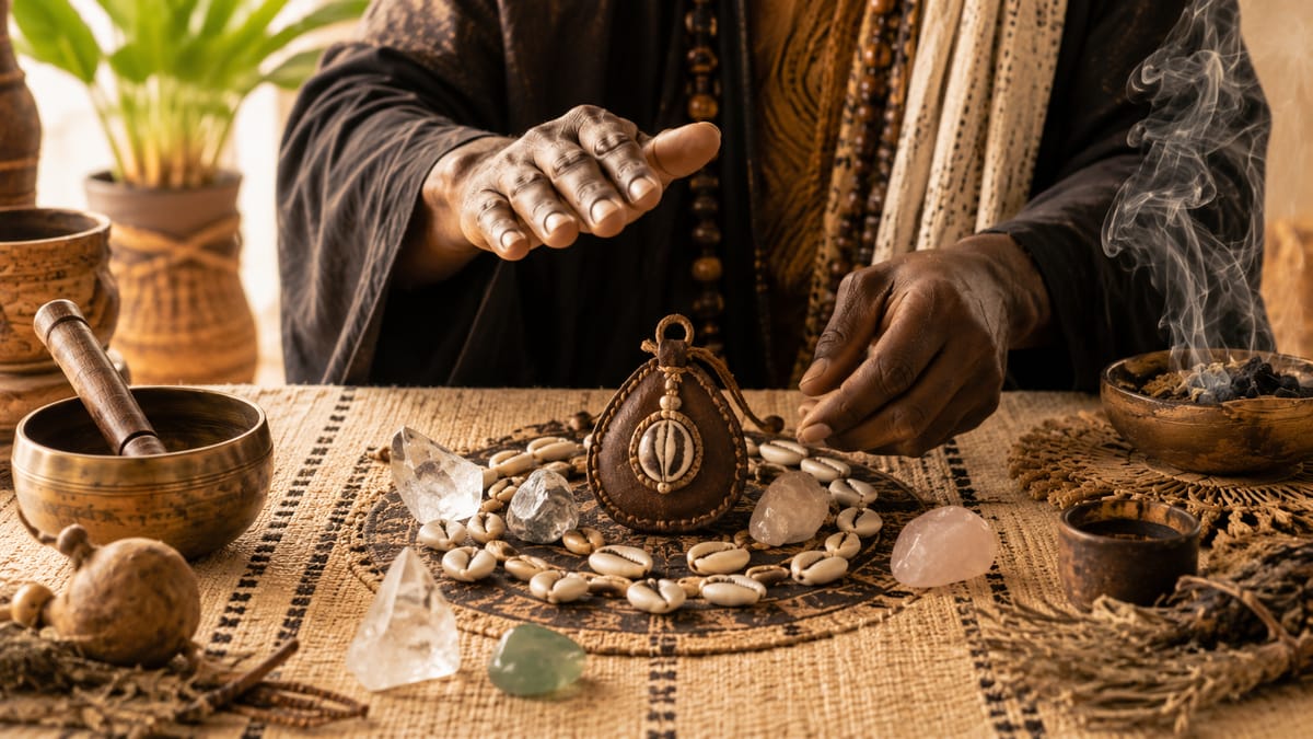 Le Professeur Gbétoho prépare un talisman sur sa table de travail