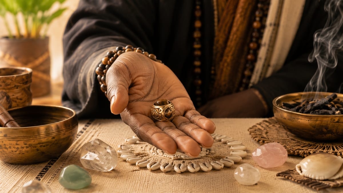 Bague consacrée présentée dans la paume ouverte du Professeur Gbétoho