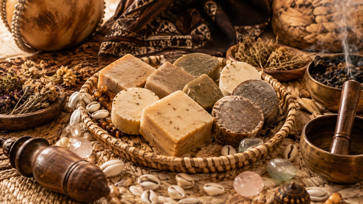 Savons traditionnels préparés à la main, disposés dans un panier tressé avec herbes et cauris