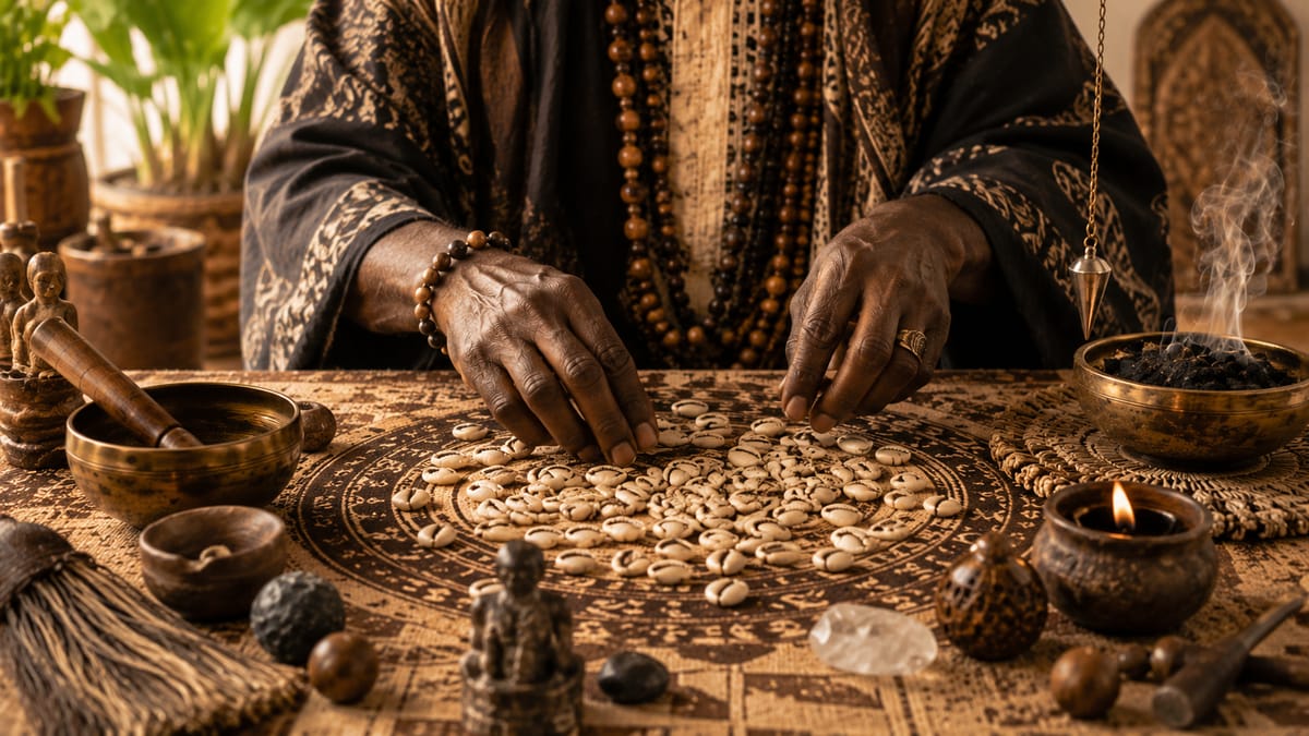 Lecture au cauri, coquillages jetés en cercle sur le tapis de consultation